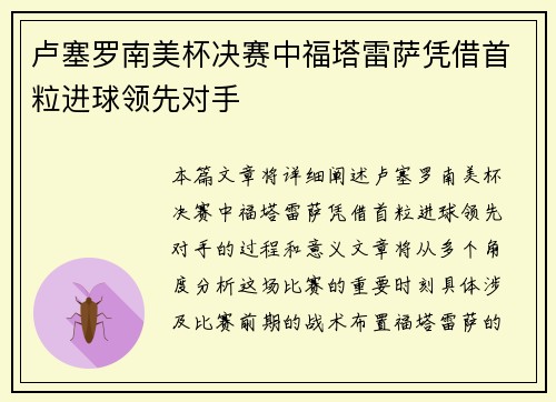 卢塞罗南美杯决赛中福塔雷萨凭借首粒进球领先对手